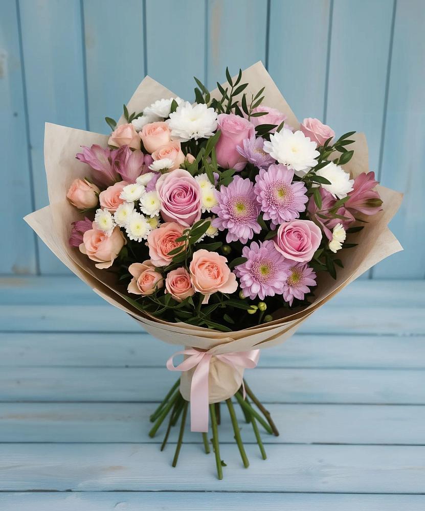 Букет цветов из: Хризантемы, Розы и Альстромерии в Пустошу