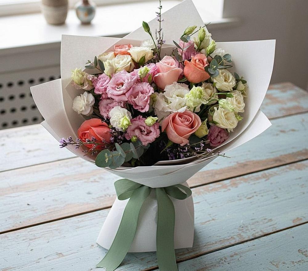 Букет цветов из: Розы, Лизиантусы и Гвоздики в Пустошу