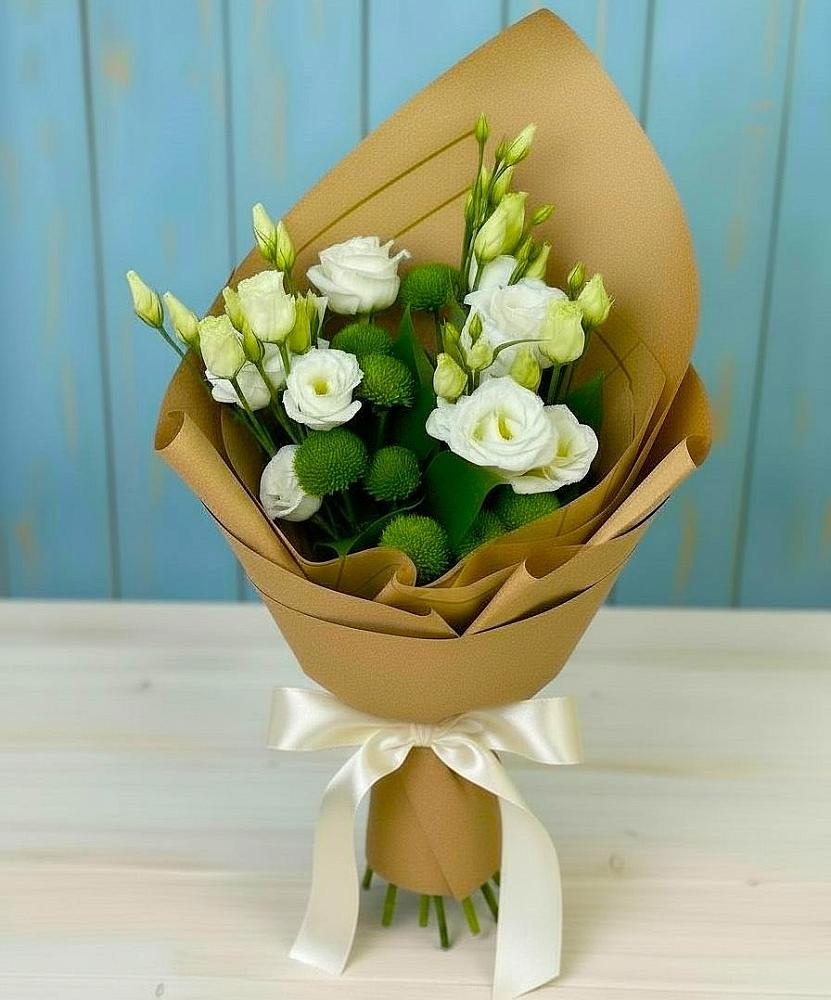 Букет цветов из: Хризантемы и Лизиантусы в Пустошу