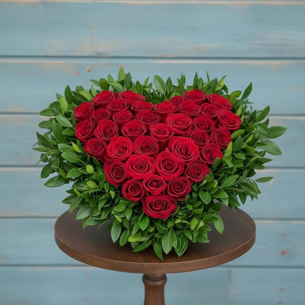 Цветочная композиция из Розы в виде сердца в Пустошу