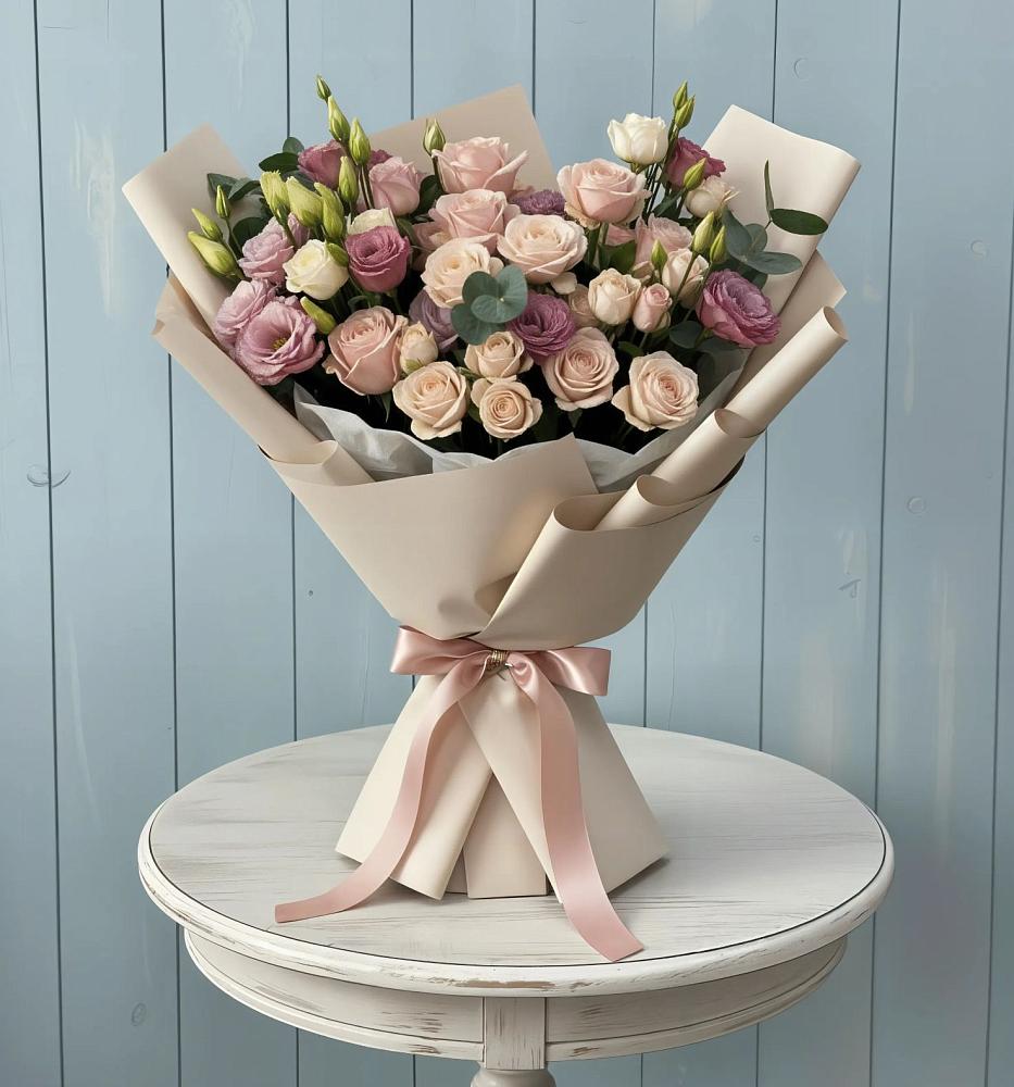 Букет цветов из: Розы и Лизиантусы в Пустошу