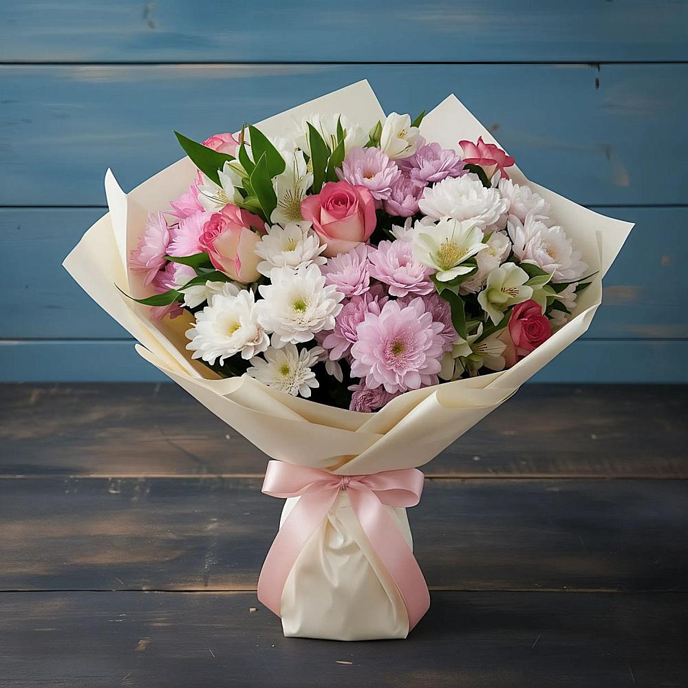 Букет цветов из: Хризантемы, Альстромерии и Розы в Пустошу